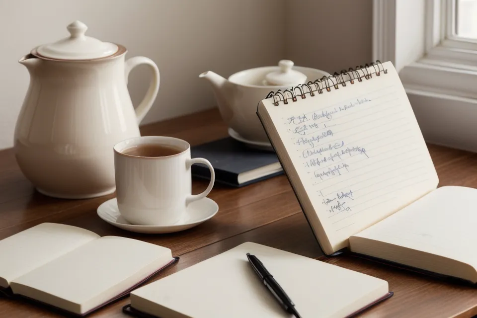Mano escribiendo en un cuaderno junto a un micrófono, anotando avances de técnica vocal para reuniones virtuales