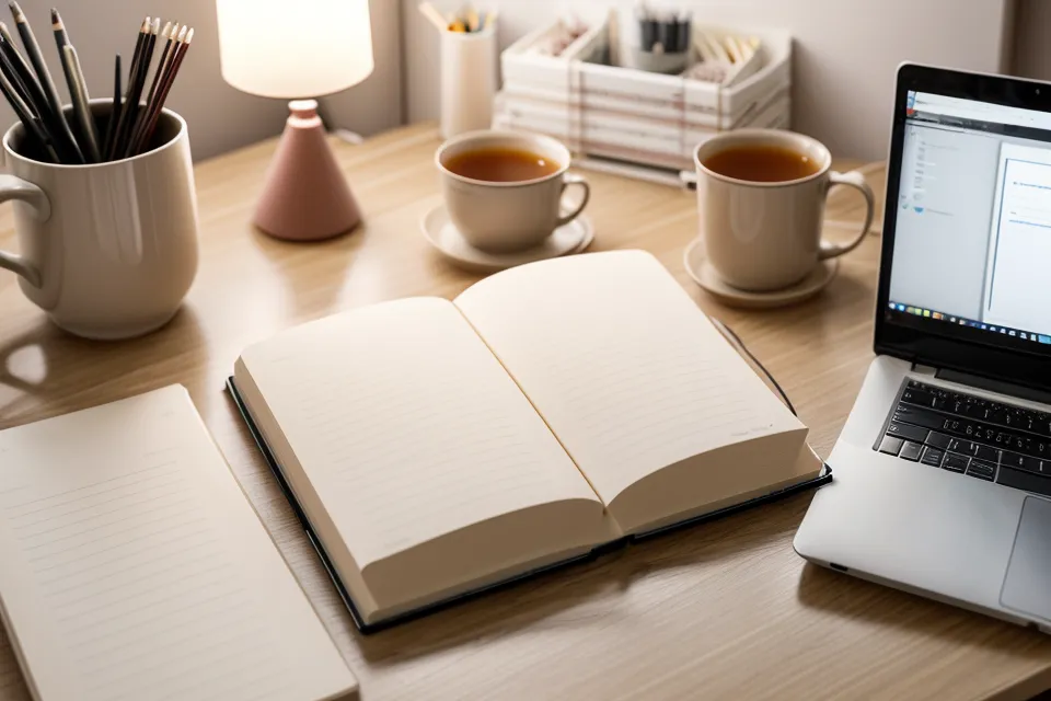 Libreta abierta con anotaciones sobre comunicación asertiva y habilidades blandas junto al teclado del computador