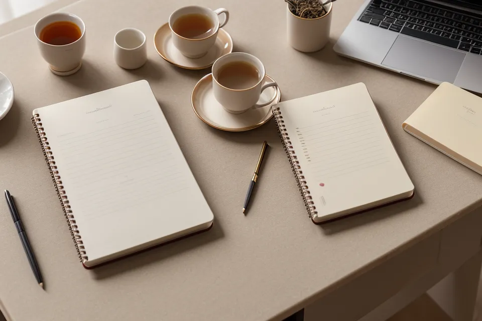 Diario de comunicación asertiva y habilidades blandas: cuaderno junto al teclado durante una sesión de práctica semanal para hablar mejor en el trabajo.