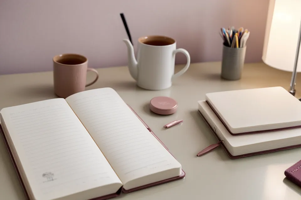 Cuaderno de tapa verde y mano escribiendo notas de comunicación asertiva durante una pausa de trabajo remoto