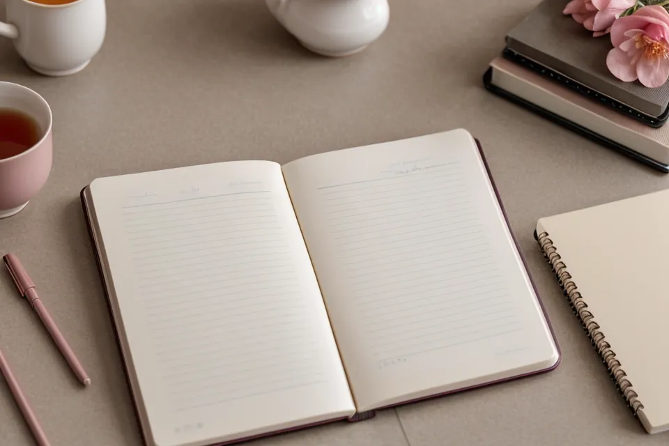 Estantería con libros sobre comunicación asertiva y un cuaderno de diario de voz abierto sobre desarrollo profesional